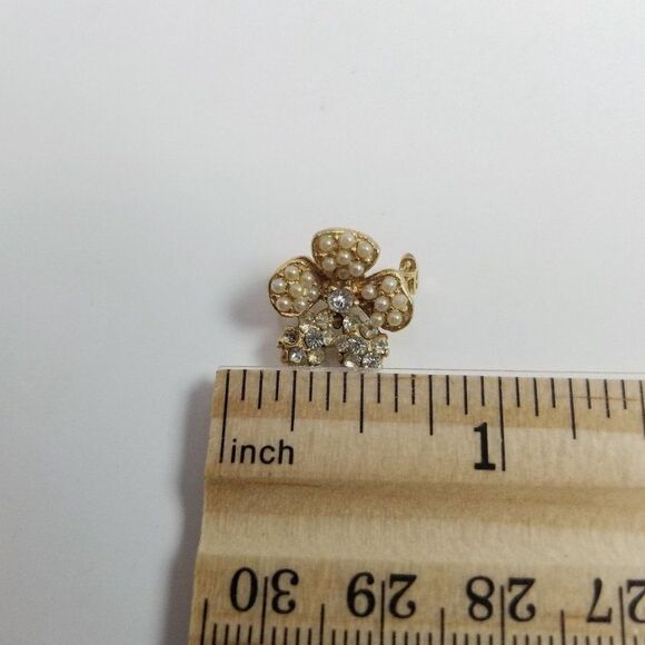Vintage Tiny Rhinestone and Faux Pearl Flower Brooch, Pansy Lapel Pin, Estate - Picture 4 of 6
